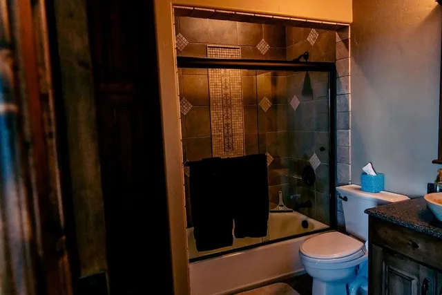 a bathroom with a toilet and a shower