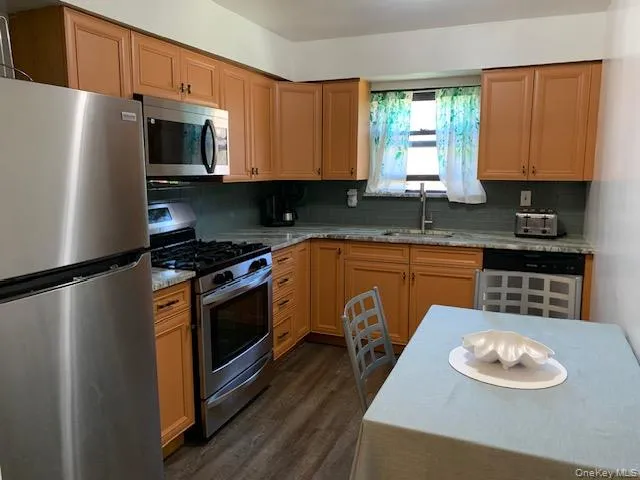 a kitchen with stainless steel appliances a stove a sink a refrigerator cabinets and a window