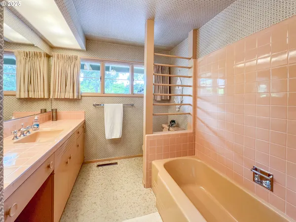a bathroom with a tub sink and mirror