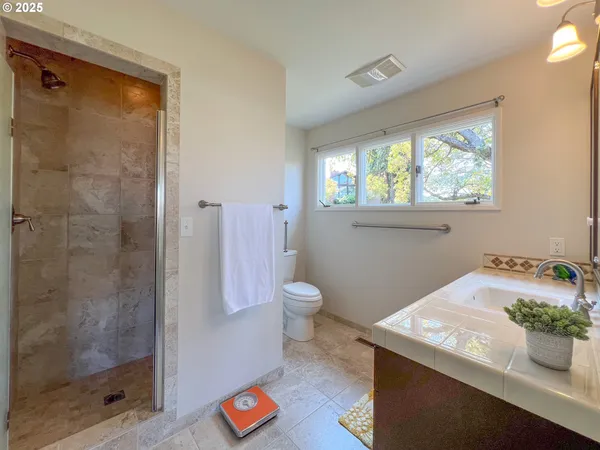 a bathroom with a granite countertop sink a toilet and shower