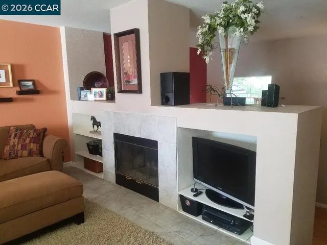 a living room with furniture a potted plant and a fireplace