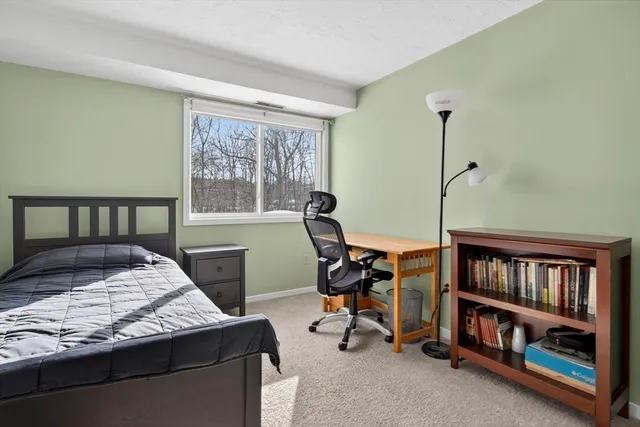 a bedroom with furniture and a book shelf