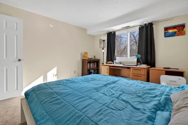 a bedroom with a large bed and a dresser