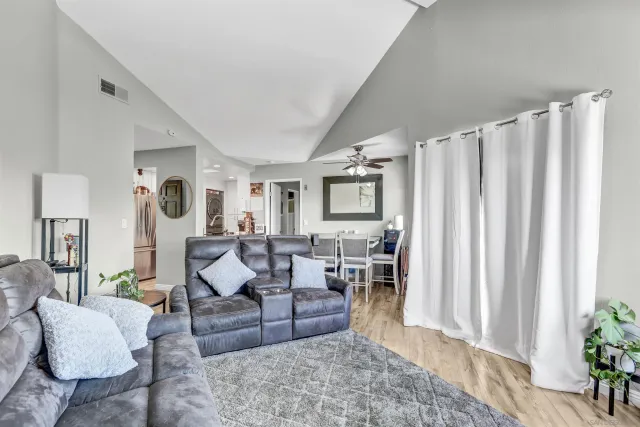 a living room with furniture and a potted plant