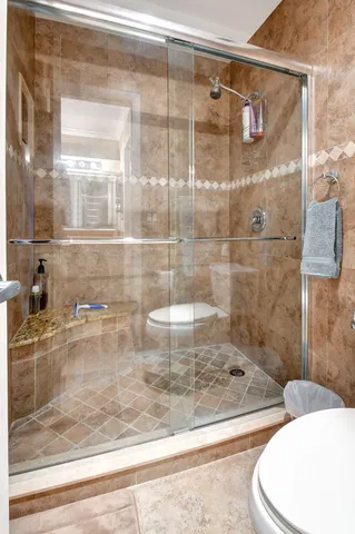 a bathroom with a shower and toilet
