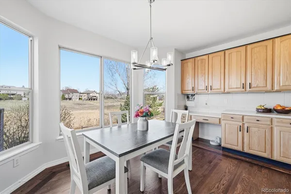 a view of a dining room with furniture window and wooden floor