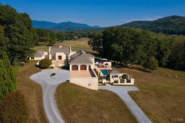 a view of a swimming pool with a lake view