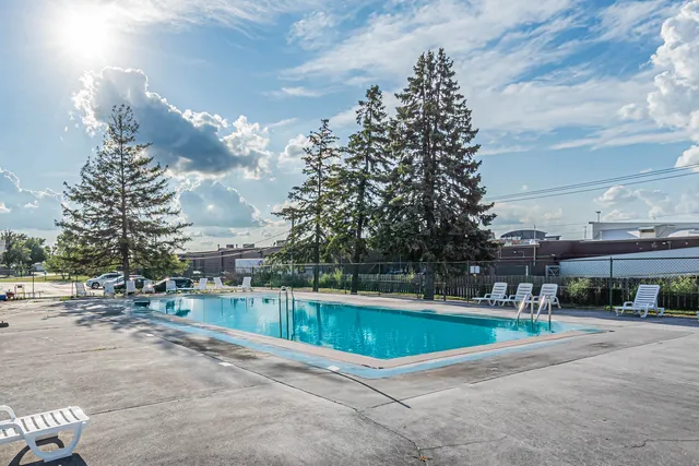 a view of a swimming pool with a yard and a fountain