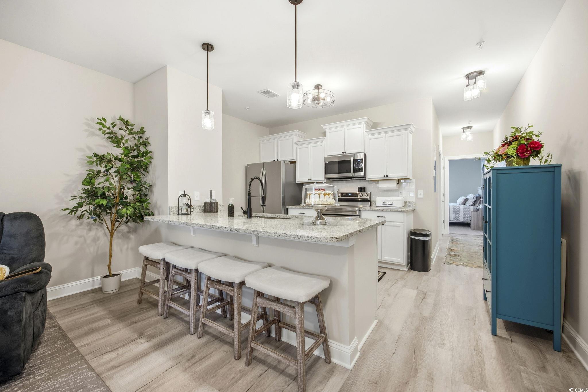 165 Ella Kinley Circle, Unit 302 Myrtle Beach, SC 29588 - Photo 9 of 38 Kitchen featuring a kitchen bar, white cabinetry, light stone counters, stainless steel appliances, and a peninsula