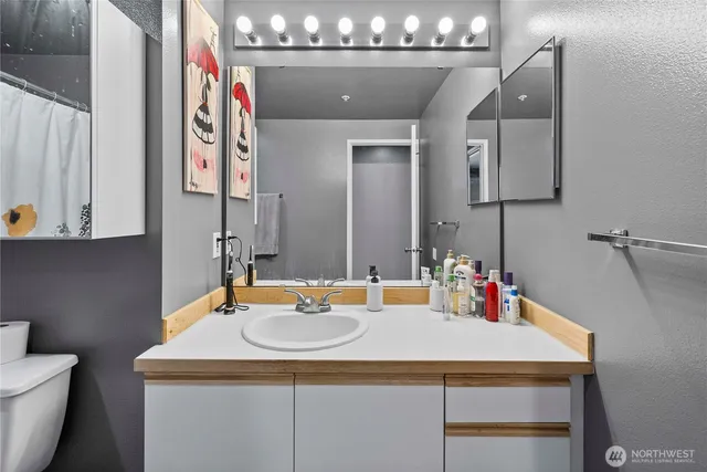 a bathroom with a sink and a mirror
