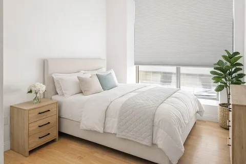 a bedroom with a bed and a potted plant
