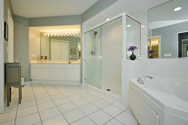 a bathroom with a bathtub and a shower
