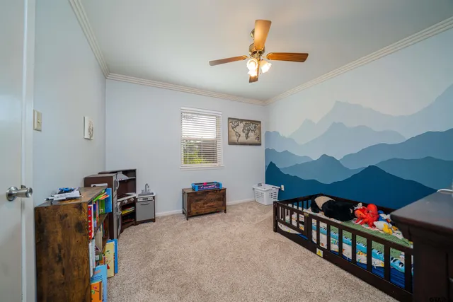 a bedroom with furniture a chandelier fan and a window