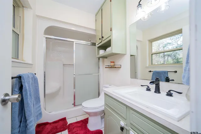 a bathroom with a sink a toilet and shower