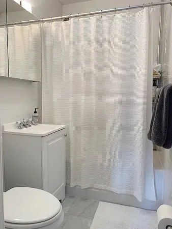 a bathroom with a sink a toilet a mirror and a shower curtain