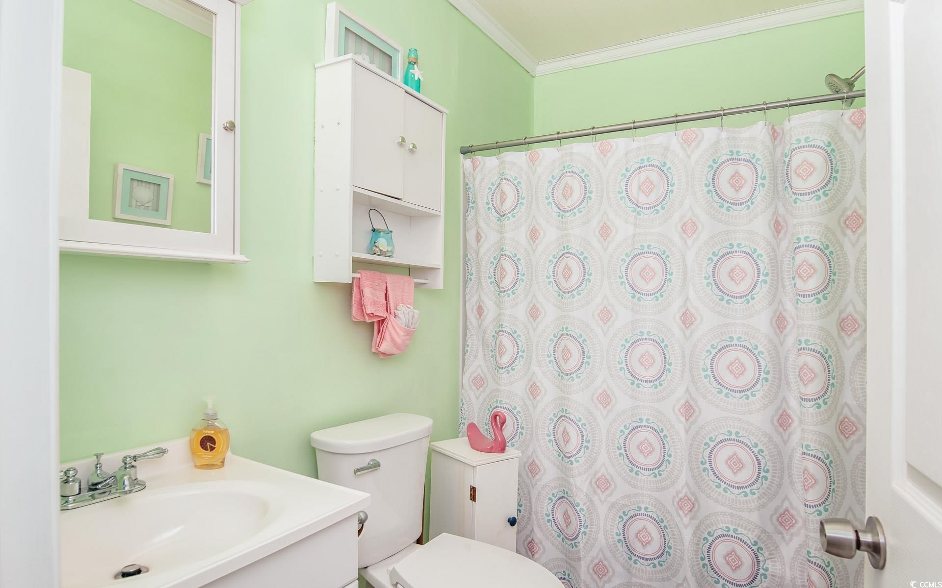 310 St James Street Georgetown, SC 29440 - Photo 11 of 25 Bathroom with crown molding, vanity, and curtained shower