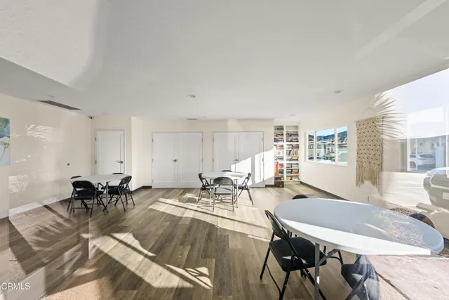 a view of a dining room with furniture