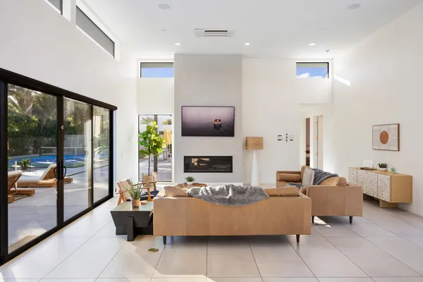 a living room with furniture fireplace and potted plant