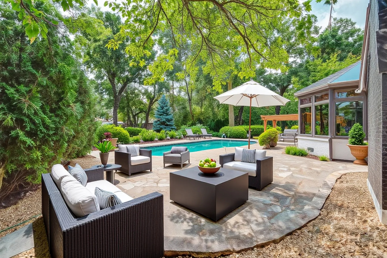 2221 Donegal Drive Darien, IL 60561 - Photo 61 of 62 a view of a patio with couches and a table and chairs under an umbrella