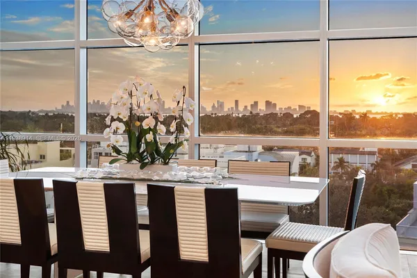 a view of a dining room with furniture window and outside view