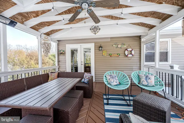 front view of a house with a patio