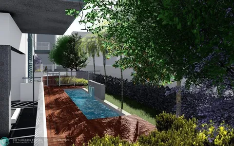 a view of a patio with table and chairs potted plants and large tree