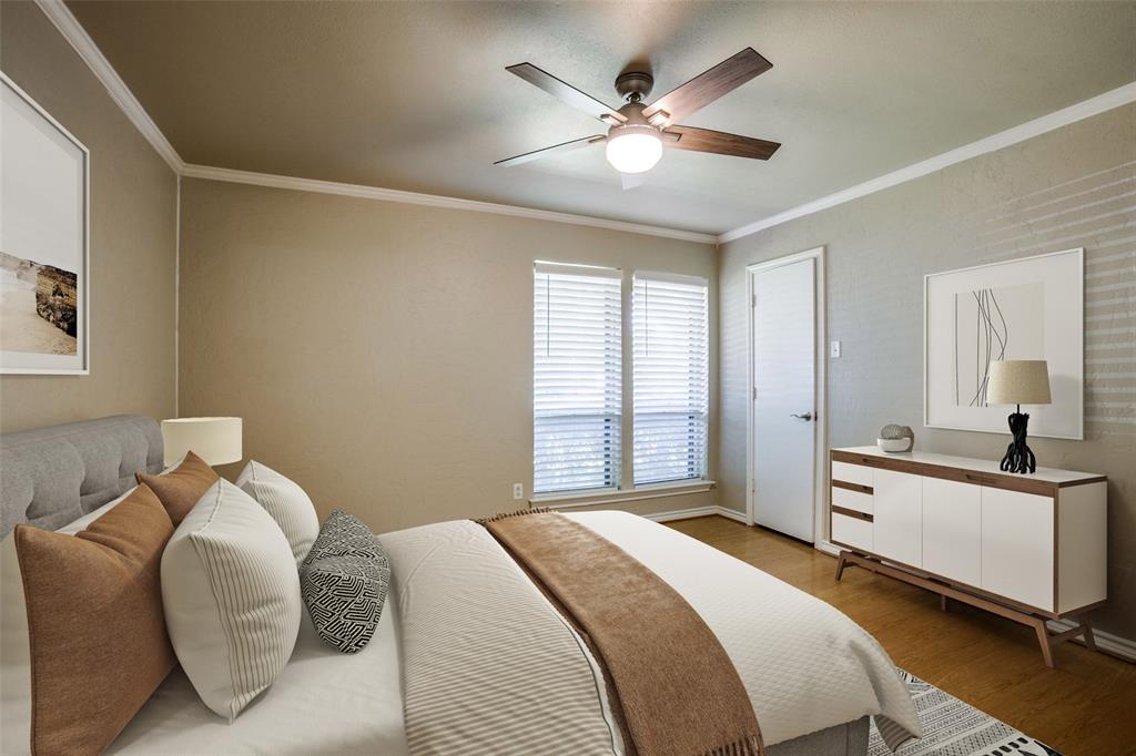 2700 Quail Ridge Drive Carrollton, TX 75006 - Photo 13 of 30 Bedroom with ornamental molding, wood finished floors, and a ceiling fan