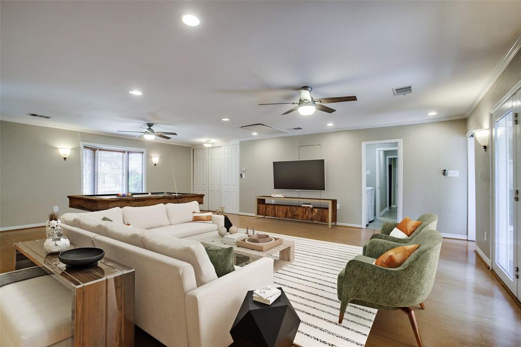 2700 Quail Ridge Drive Carrollton, TX 75006 - Photo 25 of 30 Living room with recessed lighting, ornamental molding, wood finished floors, and a ceiling fan