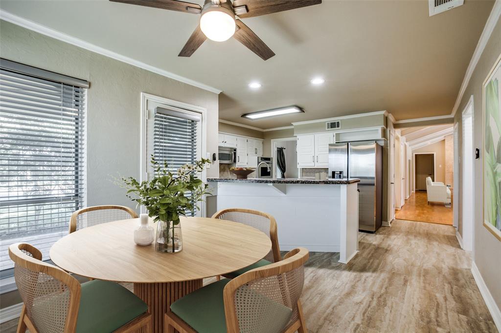 2700 Quail Ridge Drive Carrollton, TX 75006 - Photo 5 of 30 Dining room with ornamental molding, a ceiling fan, light wood-type flooring, and recessed lighting