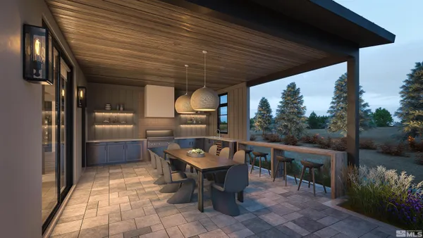 a outdoor space with lots of tables a garden and chairs