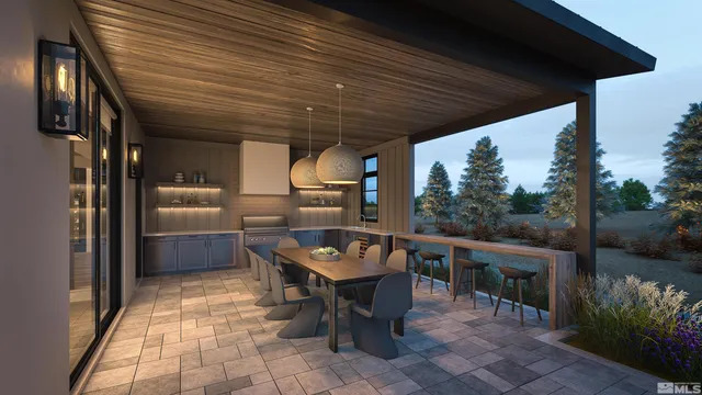 a outdoor space with lots of tables a garden and chairs