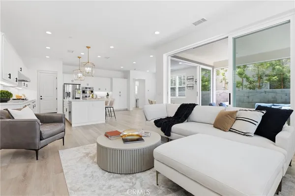 a living room with furniture and a potted plant