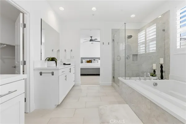 a bathroom with a potted plant on the counter and a sink