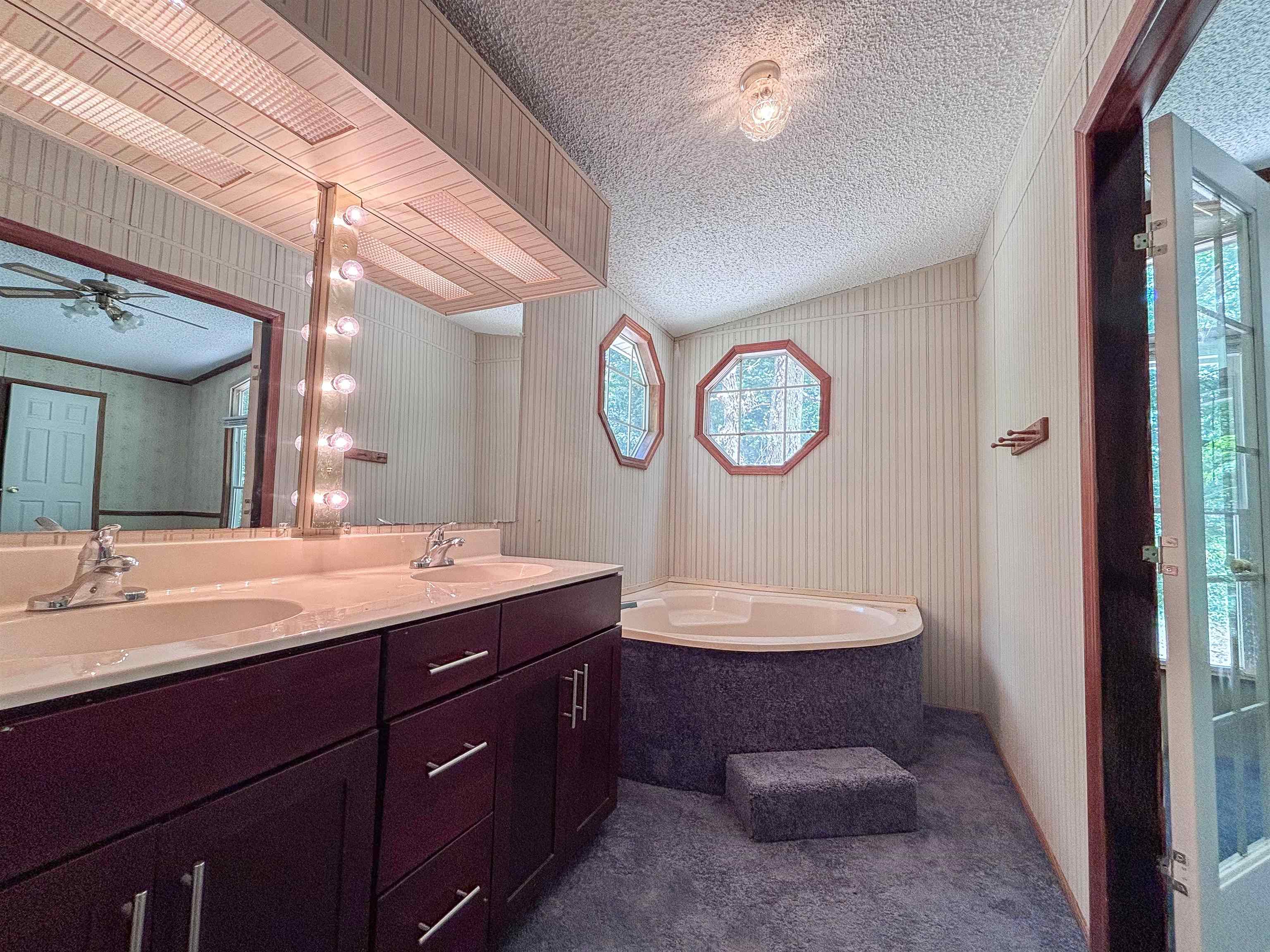 471 Milton Road Millington, TN 38053 - Photo 24 of 30 Dual vanity with integrated sinks, corner soaking tub, two octagonal windows, and a glass-paneled door