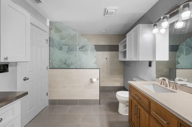 a bathroom with a sink a toilet and shower