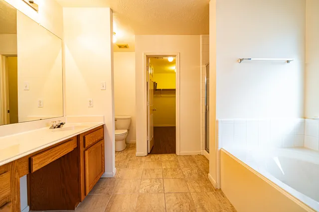 a bathroom with a tub sink and mirror