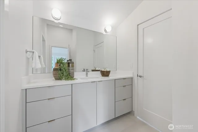 a bathroom with a sink and mirror
