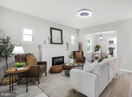 a living room with furniture potted plant and a fireplace