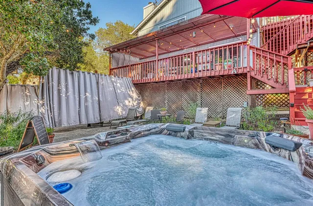 a view of a chairs and tables in patio