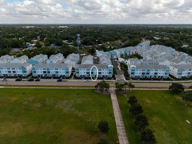 a view of a park with a large tree