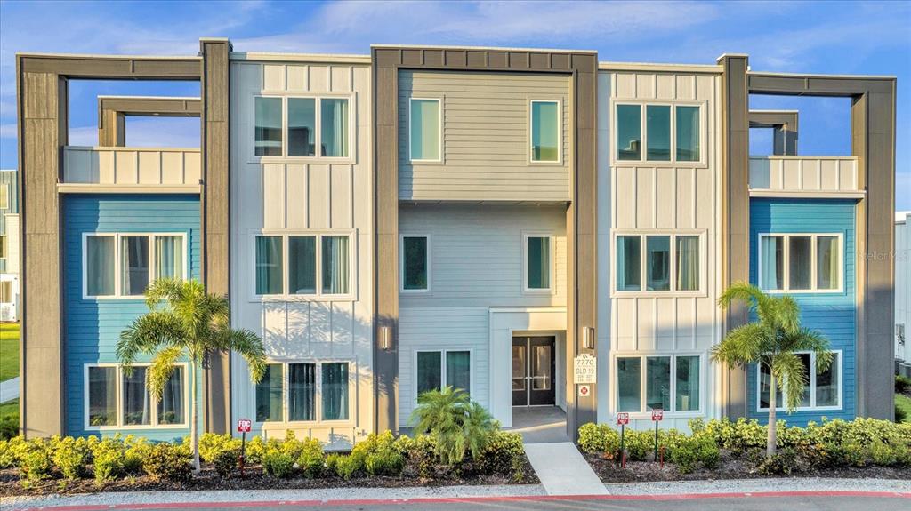 front view of building with a street