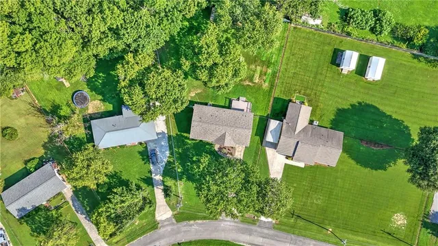 an aerial view of a house with outdoor space and street view