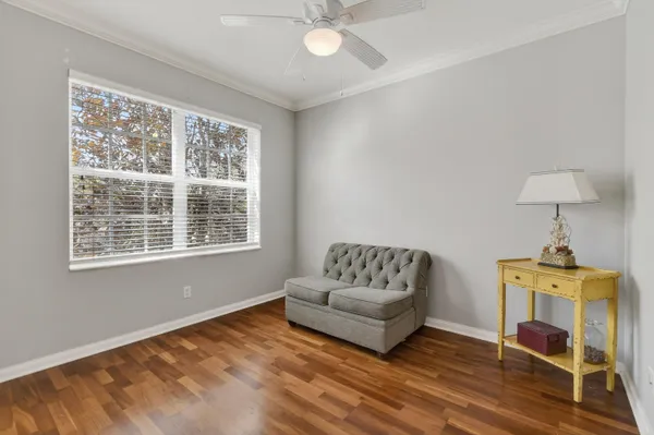 a view of a backyard with plants and a patio