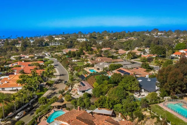 an aerial view of residential houses with outdoor space and trees