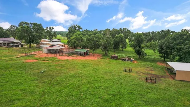 a view of a garden with sitting area