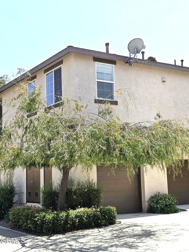 a front view of a house with plants