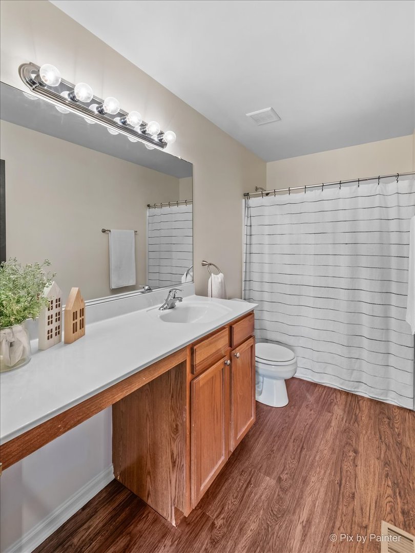 985 Kendall Street Elburn, IL 60119 - Photo 16 of 32 a bathroom with a sink a toilet a mirror and shower curtain