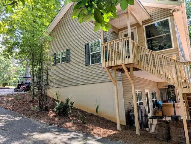 front view of a house with a patio