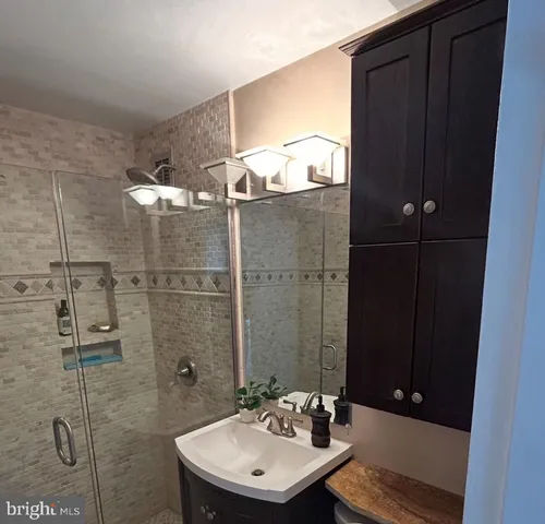a bathroom with a sink a mirror and shower