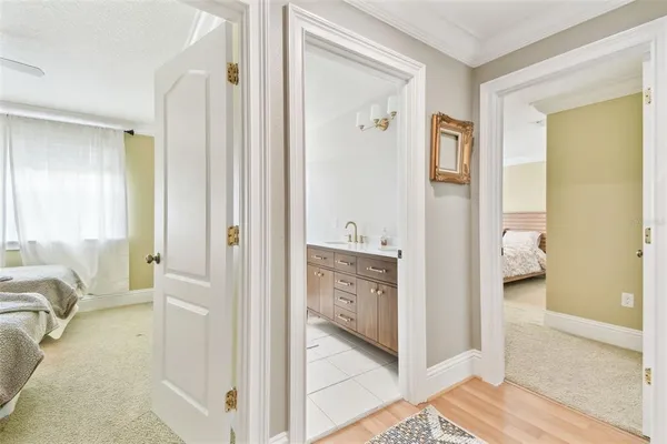 a view of a balcony with wooden floor